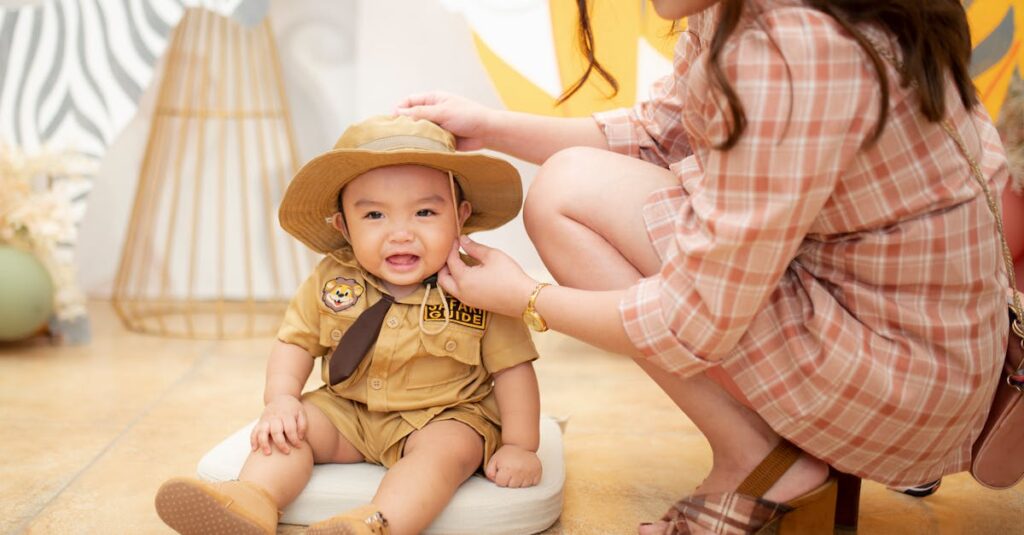 A cute toddler dressed as a safari guide sitting indoors during a playful photoshoot with his mother.